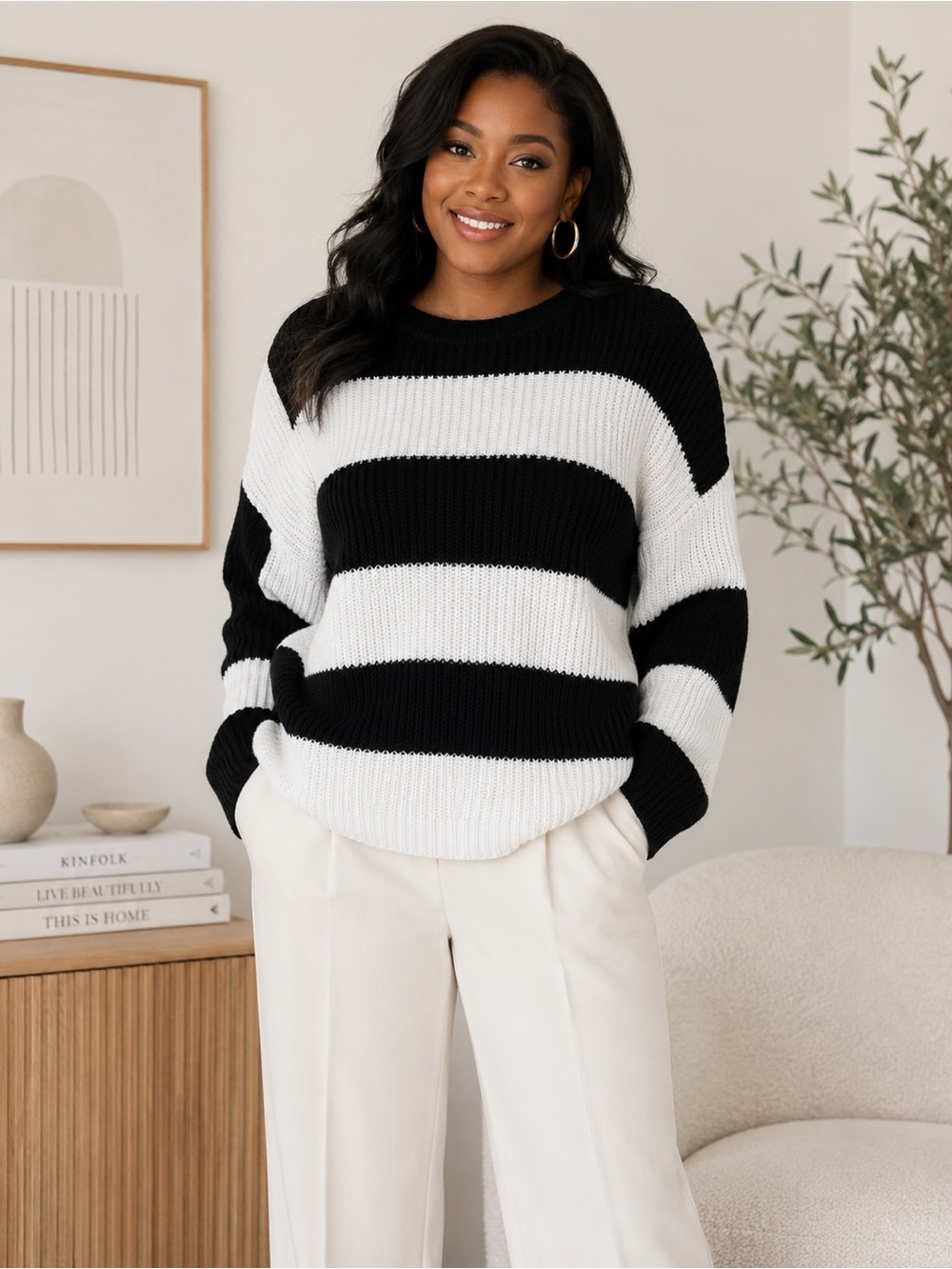 Zesica Black White Striped Oversized Knit Sweater Long Sleeve Minimalist sz S